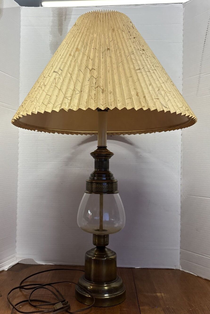 Vintage Hurricane Oil Lamp Style Table Lamp Brass Glass Electric Light w/Shade